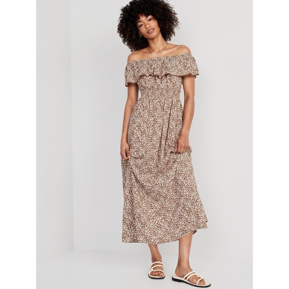 Old Navy Women’s Off The Shoulder Maxi Dress Size XXL Tall Brown Tropical Print